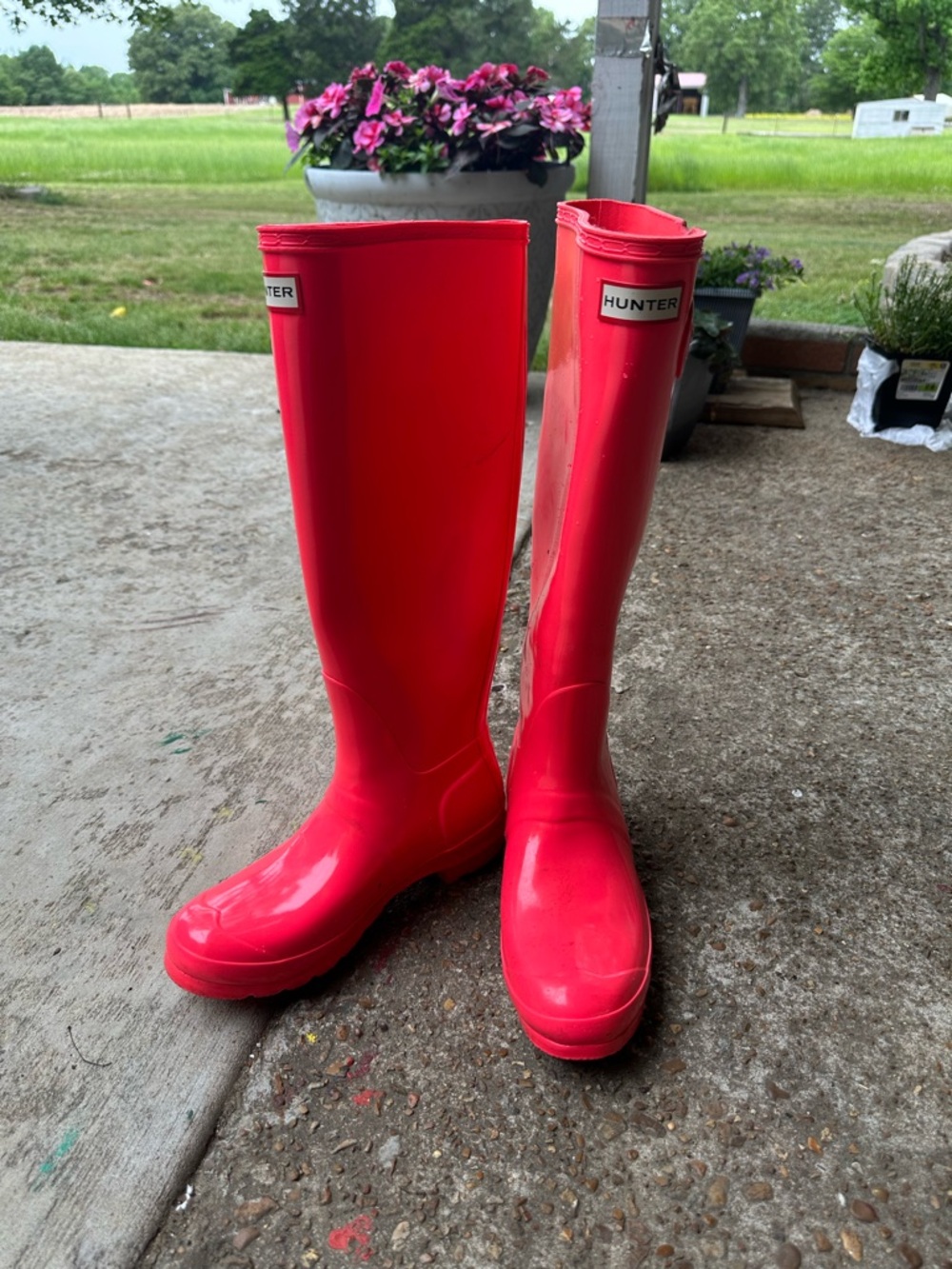 Hunter Original Tall Rain Boots Pink Red Gloss Waterproof Size 8 - Picture 2 of 12